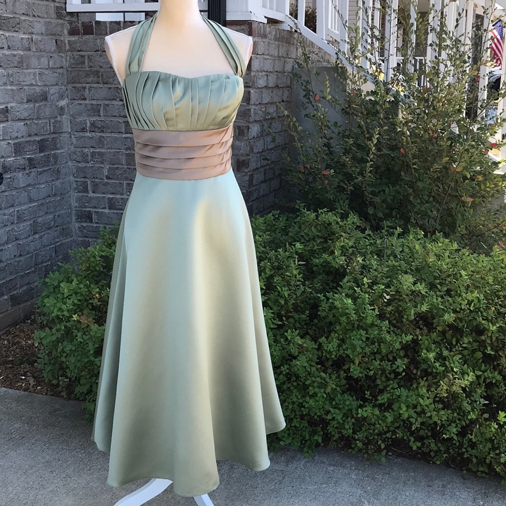 Bill Levkoff Green & Taupe Halter Formal Dress – Size 6